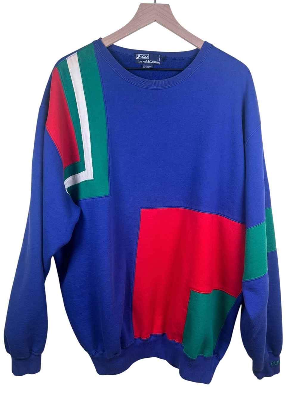 POLO RALPH LAUREN VTG 80s Colorblock Sweatshirt XL Blue Red Green Spellout Retro